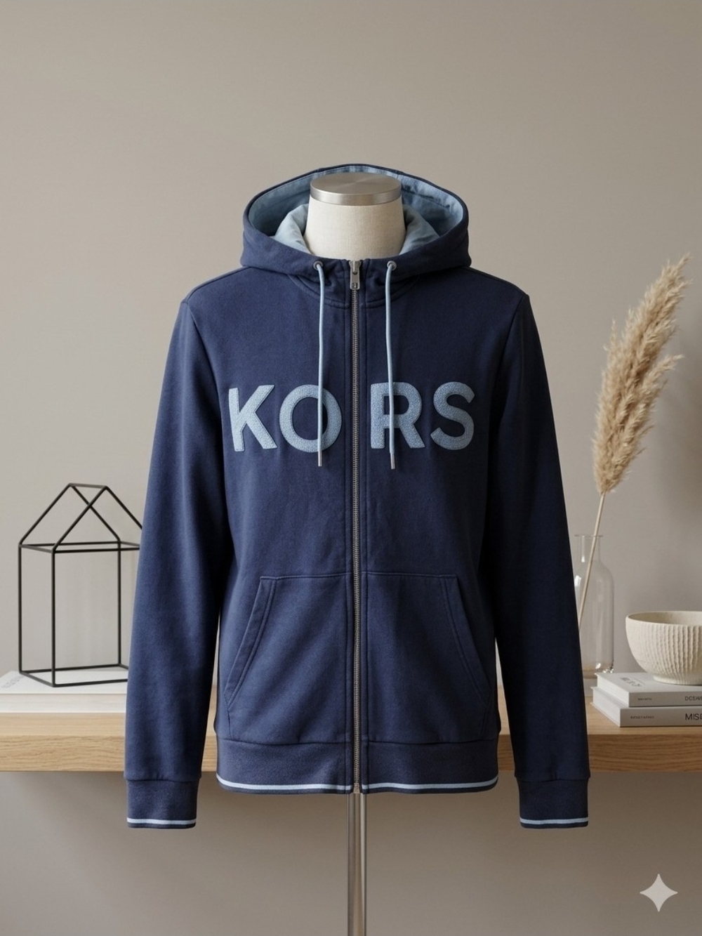 MICHAEL KORS Men's Navy Full-Zip Hooded Sweatshirt with Light Blue Logo Size S